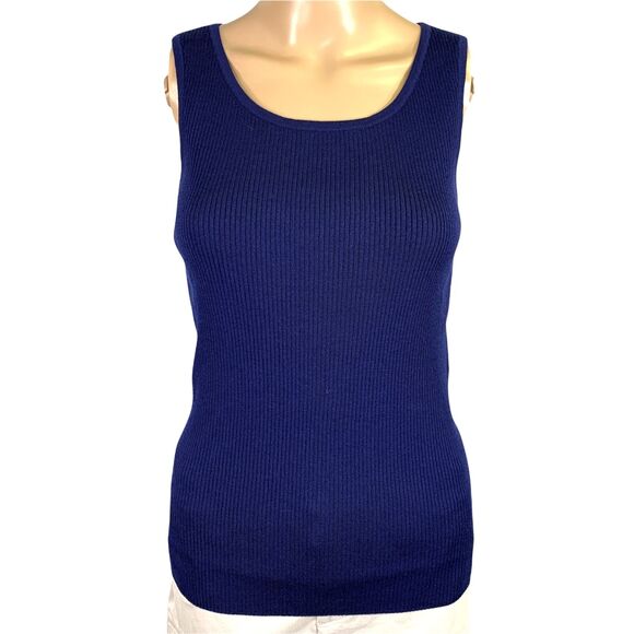 St. John Navy Blue Ribbed Scoop Neck Sleeveless Sweater - Picture 2 of 12